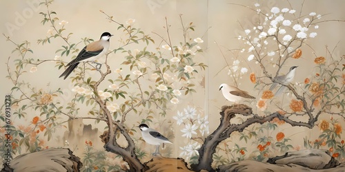A beautiful asian, chinese art painting. Blossoming gardens, trees and birds. Beautiful asian landscape photo