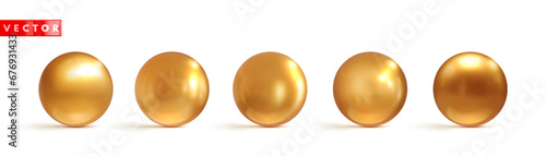 Set of golden 3d spheres ball realistic style. Golden glossy beads isolated on white background. 3d elements for design. Vector illustration