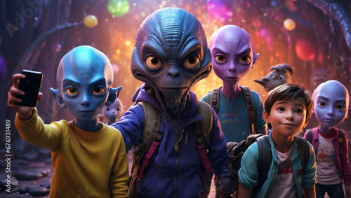 Aliens take a group picture with a human child.