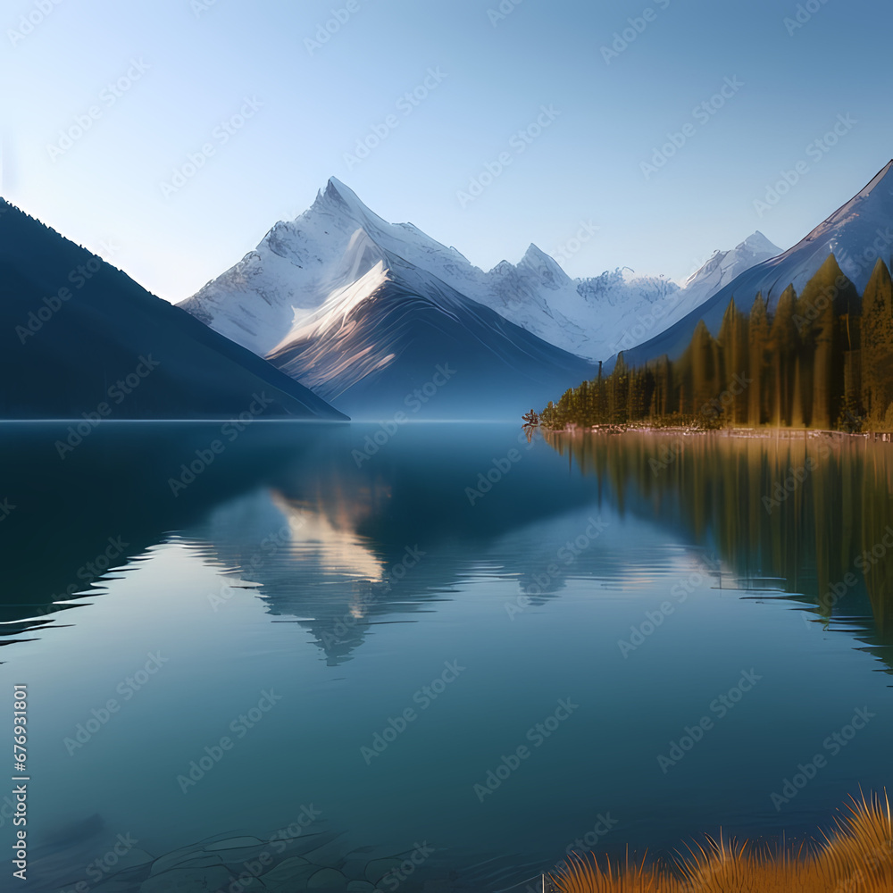 a tranquil scene of a calm lake surrounded by mountains, Generative Ai