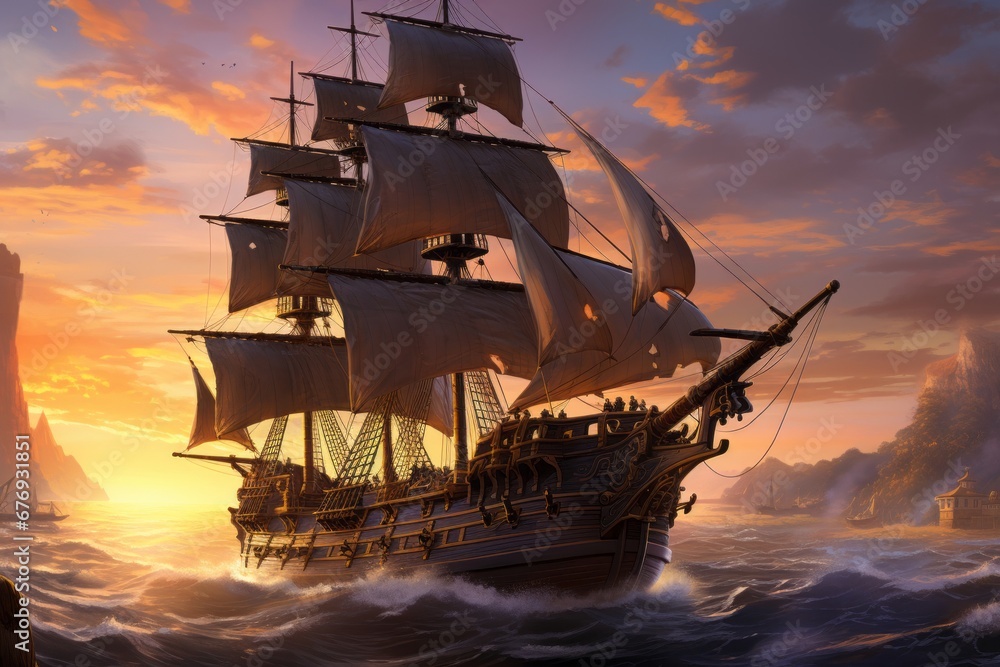 Vibrant Sunset: Majestic Ship Sailing Towards the Horizon, Casting a Soft Glow on the Rolling Sea