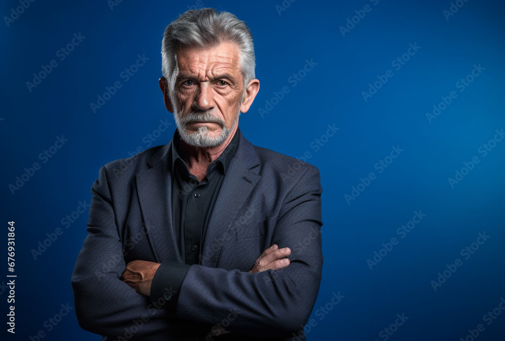 Older, Elegant Man in a Business Suit Poses Gracefully Against a Serene Blue Background, Symbolizing Timeless Sophistication and Authority, AI generated Older, Elegant Man in a Business Suit Poses Gracefully Against a Serene Blue Background, Symbolizing Timeless Sophistication and Authority, AI generated