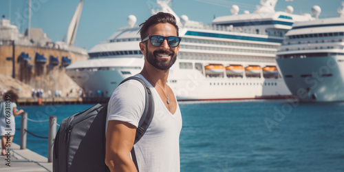 Attractive man tourist near big cruise liner in port. ai generative