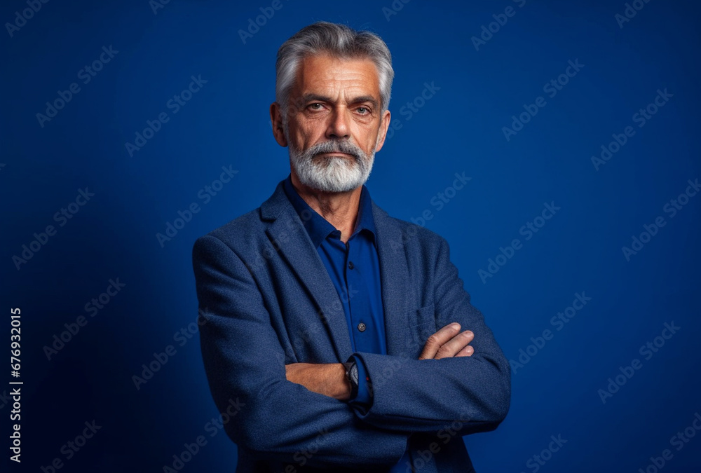 Older, Elegant Man in a Business Suit Poses Gracefully Against a Serene Blue Background, Symbolizing Timeless Sophistication and Authority, AI generated Older, Elegant Man in a Business Suit Poses Gracefully Against a Serene Blue Background, Symbolizing Timeless Sophistication and Authority, AI generated