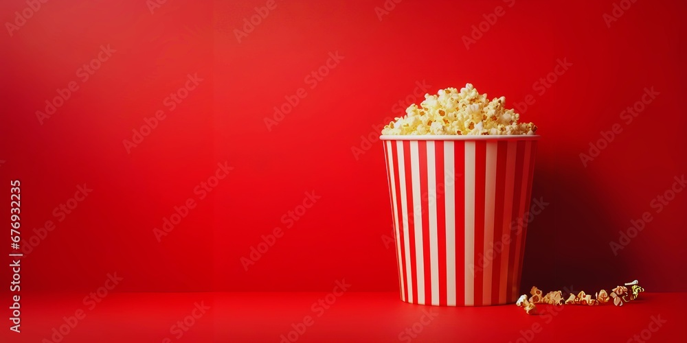 Netflix and Chill Popcorn Bucket on Red Background cinema movies concept Weekend vibes, Friday Night, Banner Template with Blank Empty copy space for text motion picture 