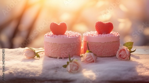 Small Valentine's Day cakes, pink sunlit
