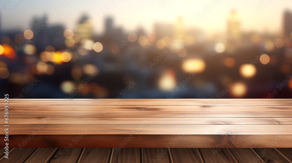 Wooden table in a restaurant opposite the window, bokeh city behind the glass, night view. Generation AI - obrazy, fototapety, plakaty 