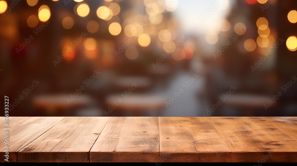 Wooden table in a restaurant opposite the window, bokeh city behind the glass, night view. Generation AI