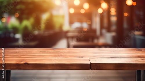 Wooden table in a restaurant opposite the window  bokeh city behind the glass  night view. Generation AI