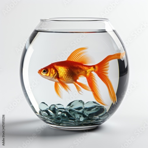 A goldfish in a fish bowl with rocks and water.
