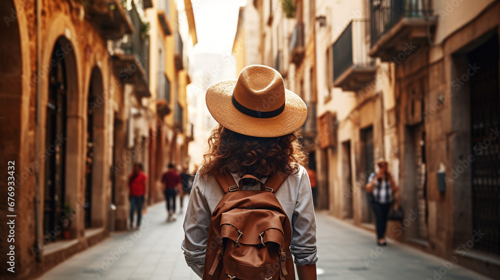Girl traveler on the street of the old city. Young backpacker on a solo trip. Vacation, trip. ai generative - obrazy, fototapety, plakaty 