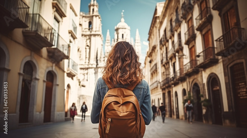 Girl traveler on the street of the old city. Young backpacker on a solo trip. Vacation, trip. ai generative