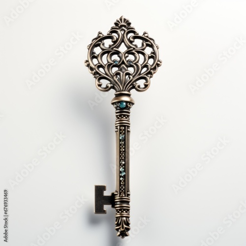 An ornate key hanging on a wall. Realistic clipart on white background