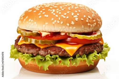 Classic Burger. Tasty Stock Photo of a Juicy Patty, Fresh Ingredients, Isolated on White