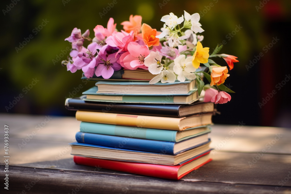 Old books with colorful spring flowers. The concept of reading, poetry, novels, good stories. - obrazy, fototapety, plakaty 