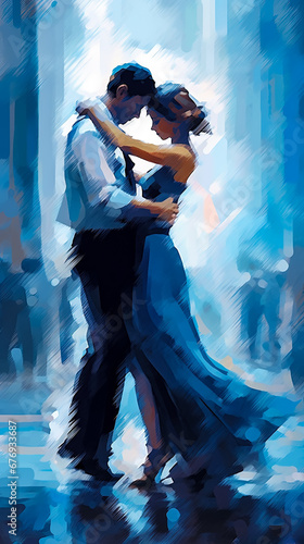 Romantic dance of man and woman, stylized silhouette, poster art in blue tones.