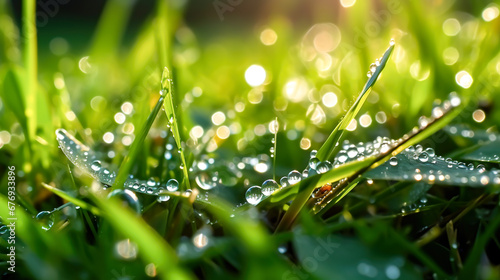 Green grass with drops of rain or dew. Close-up, shallow depth of field, bokeh.