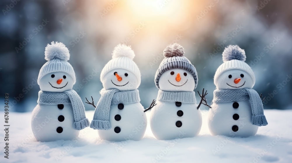 Quatre bonhommes de neige rigolos avec bonnets et écharpes dans la neige sur fond de chute de neige. Fond de scène pour le Nouvel An et Noël - obrazy, fototapety, plakaty 