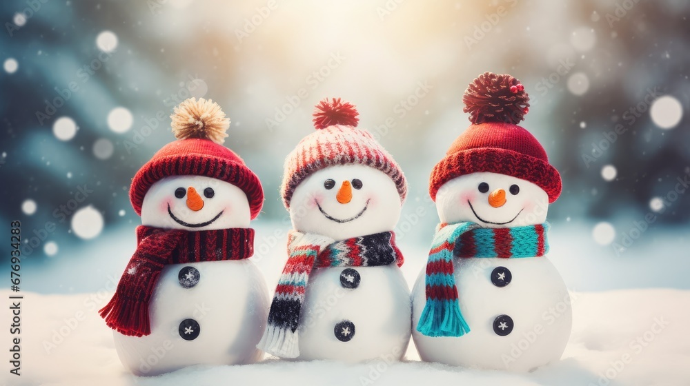 Trois bonhommes de neige rigolos avec bonnets et écharpes dans la neige sur fond de chute de neige. Fond de scène pour le Nouvel An et Noël Trois bonhommes de neige rigolos avec bonnets et écharpes dans la neige sur fond de chute de neige. Fond de scène pour le Nouvel An et Noël