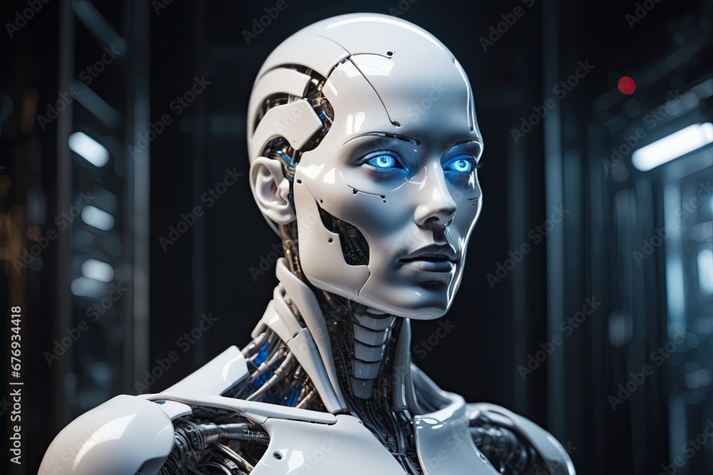 Sophisticated Android with Blue Eyes in Lab Sophisticated Android with Blue Eyes in Lab