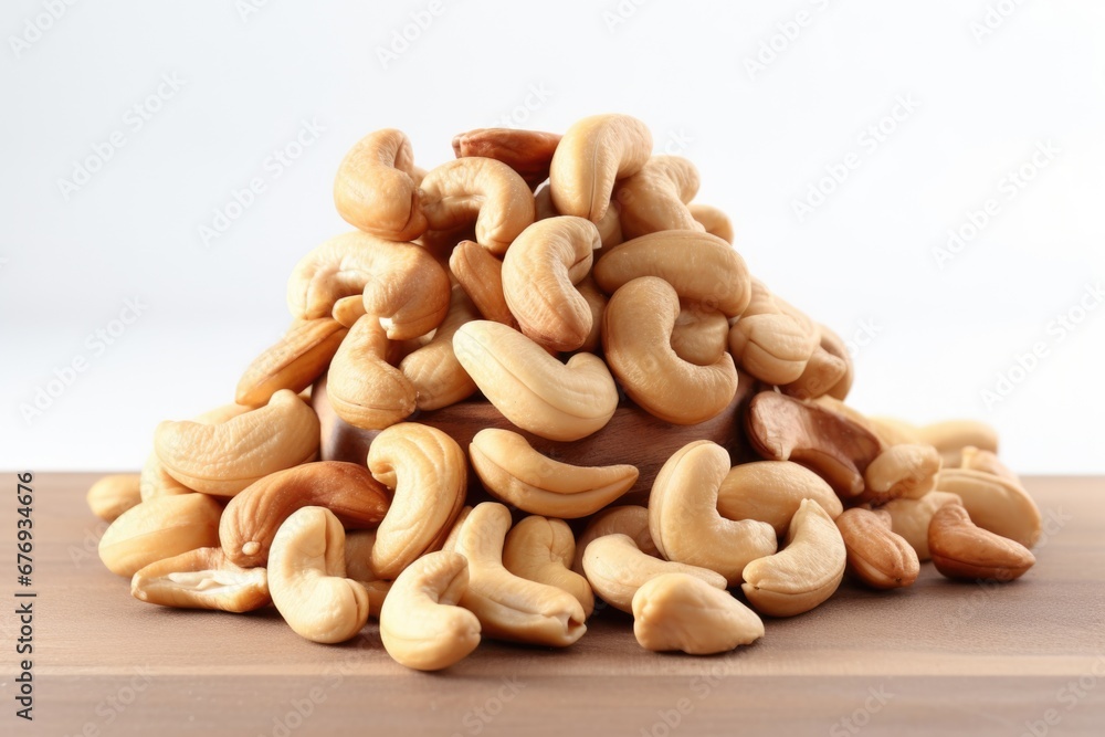 A pile of cashews sitting on top of a wooden table. A pile of cashews sitting on top of a wooden table.