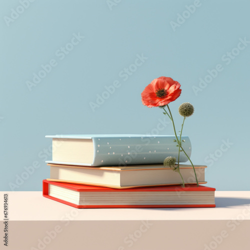 Aesthetic composition of books with colorful fresh flowers on a pastel light blue background. Education and knowledge  concept. For book lovers. Retro style. photo