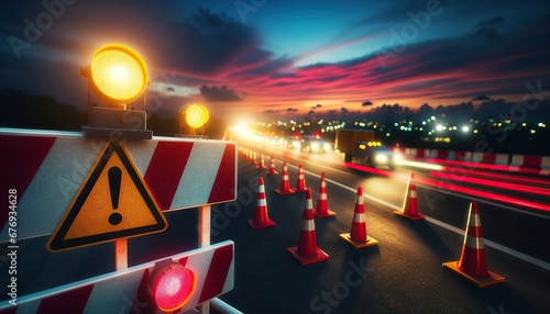 Roadworks at Night with Warning Lights and Cones photo