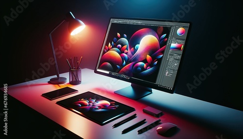 Graphic Designer Workspace with Digital Art Project
