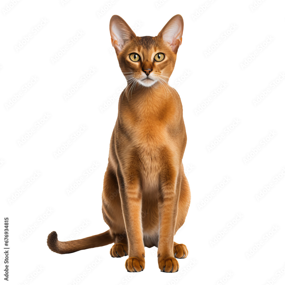 An elegant Abyssinian cat stands in full profile view, displaying its sleek coat and alert features against a clear, transparent backdrop.