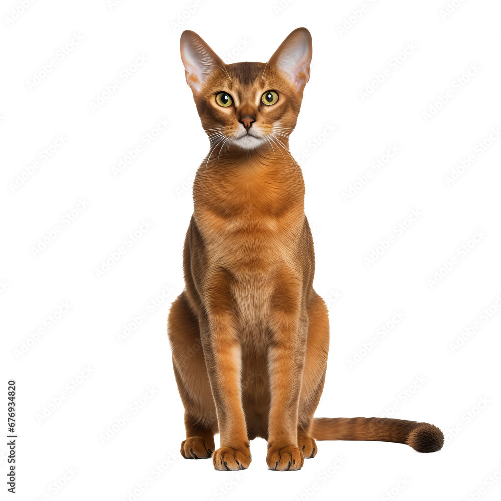 A sleek Abyssinian cat captured in full body, displaying its fine coat and elegant posture, set against a clear transparent background.