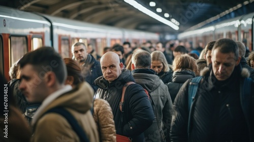 People waiting for a train at a subway station. photo