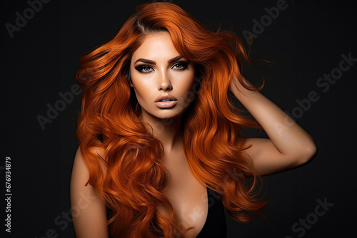 Sexy, alluring, white woman with long, red, wavy hair touched by her hand, big eyes, plump lips, tanned skin, rich make-up, black dress with plunging neckline posing on a black background.