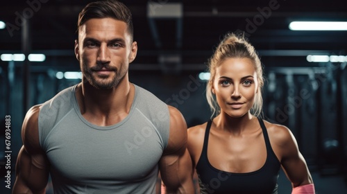 A man and woman wearing gym clothes, ready for a workout session at the gym.