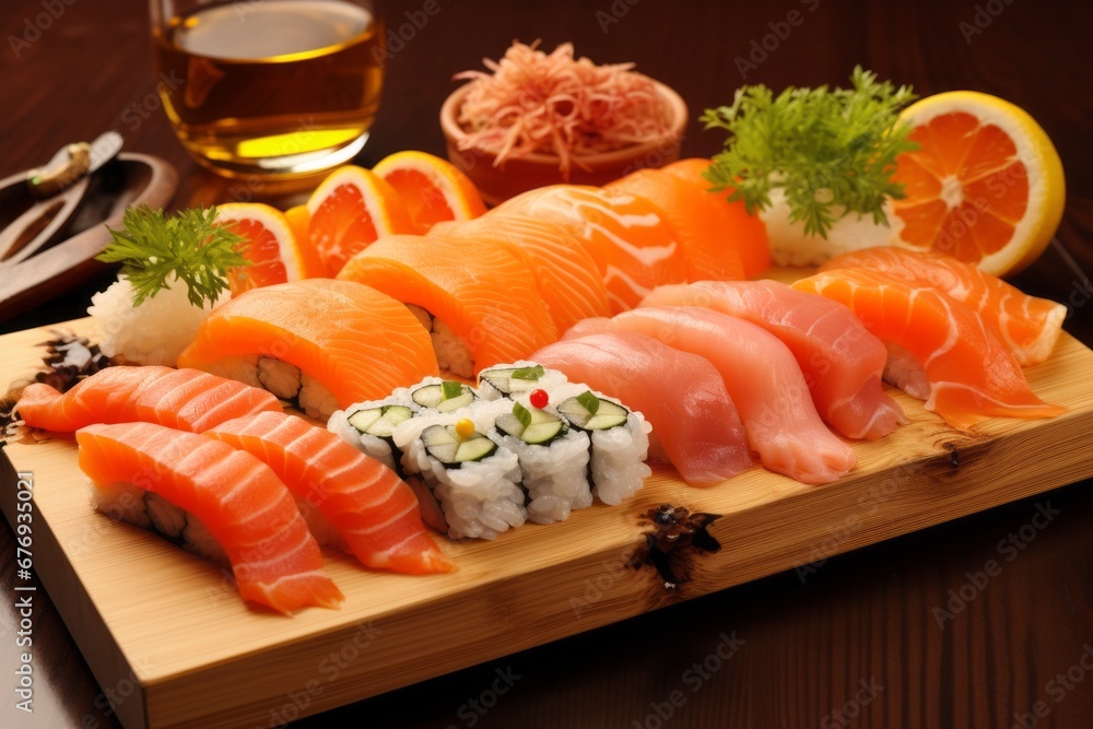 Delicious and Freshly Prepared Sushi Served in a Cozy Cafe with Traditional Japanese Flair Delicious and Freshly Prepared Sushi Served in a Cozy Cafe with Traditional Japanese Flair