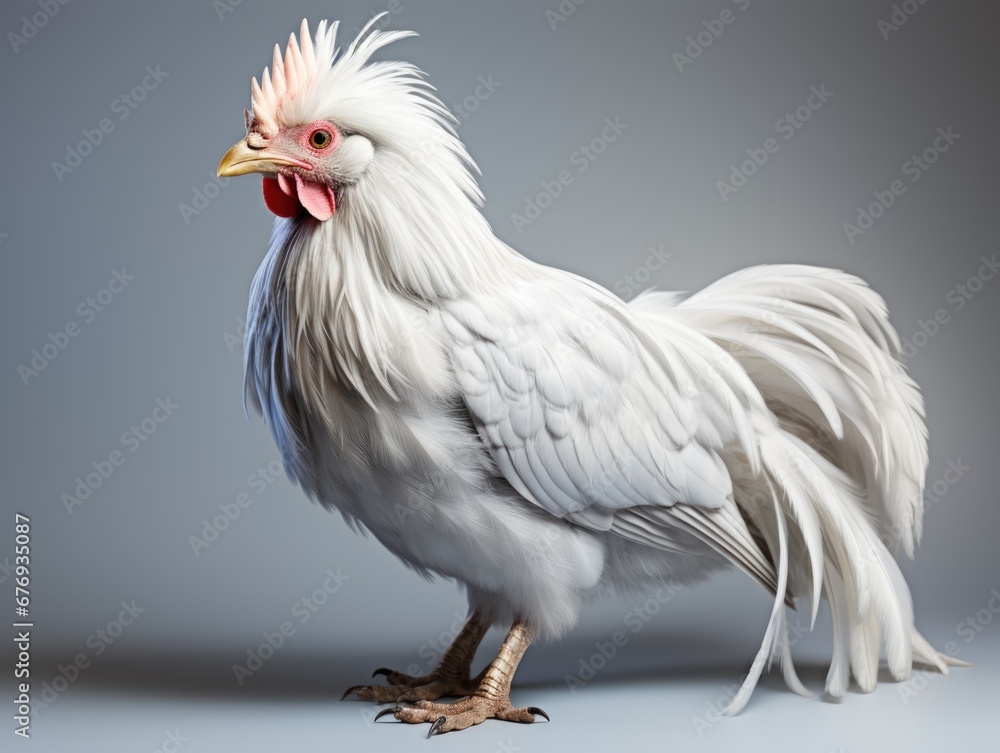 A white chicken standing on a gray surface.