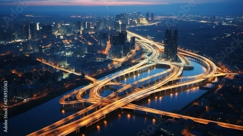 Aerial view of a city at night, illuminated by traffic lights.