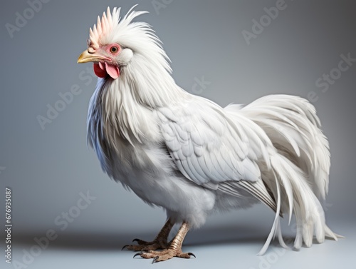 A white chicken standing on a gray surface. © tilialucida