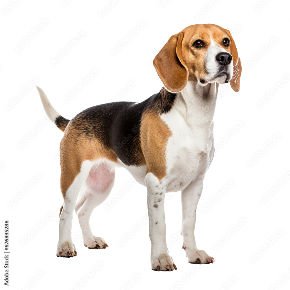 A Beagle dog stands in full view, its tri-color coat vividly displayed against a transparent background, capturing the breed's spirited essence.
