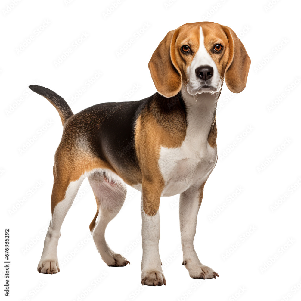 A Beagle dog stands in full view, its tricolor coat vivid against the transparent background, showcasing its perky ears and friendly demeanor.