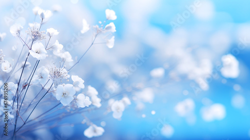 White, light, airy, delicate, small flowers on a blue background.