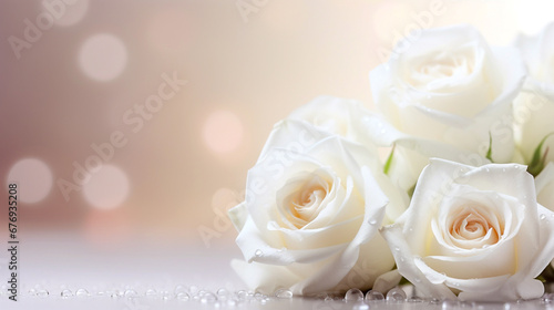 Three delicate white roses on a blurred background with bokeh