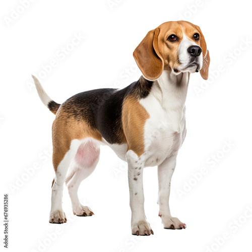 A Beagle dog stands in full view, its tri-color coat vividly displayed against a transparent background, capturing the breed's spirited essence.