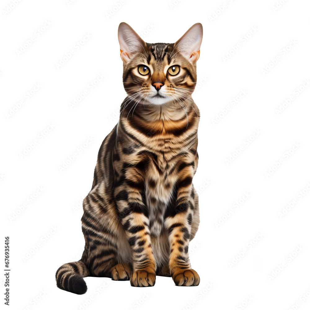 A sleek Bengal cat with spotted fur poses in full body profile against a transparent backdrop, showcasing its wild appearance. A sleek Bengal cat with spotted fur poses in full body profile against a transparent backdrop, showcasing its wild appearance.