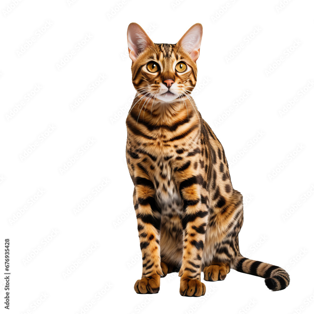 Full-bodied Bengal cat with its distinctive spotted coat and sleek physique, gracefully poised, isolated on a transparent backdrop. Full-bodied Bengal cat with its distinctive spotted coat and sleek physique, gracefully poised, isolated on a transparent backdrop.