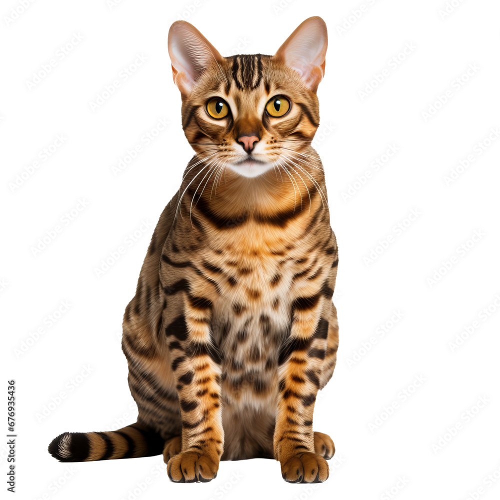 Bengal cat, full sleek body, vivid coat patterns, poised stance, crystal clear transparency background.