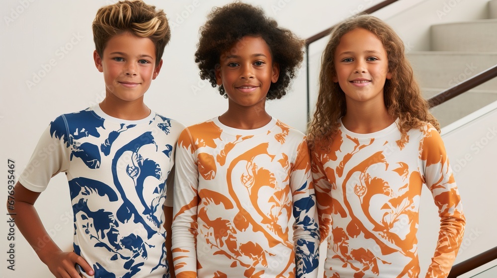 Three happy friends wearing the same style of clothes in different colors. Three happy friends wearing the same style of clothes in different colors.
