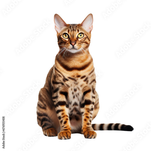 A full-bodied Bengal cat, with distinctive rosette markings, stands alert with a graceful poise on a transparent background.