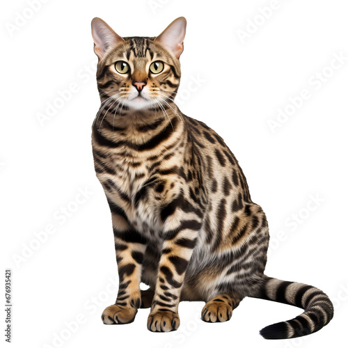 A full-bodied Bengal cat stands poised on a transparent background, its distinctive coat patterns and muscular frame highlighted.