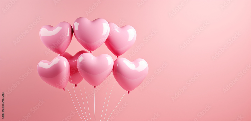 Pink heart shaped helium balloons on pink background. Foil air balloons on pastel pink background