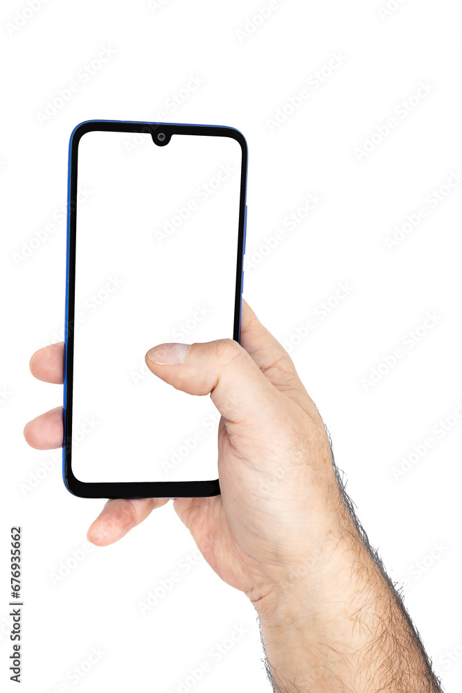 Man hand Holding the smartphone with blank screen and modern frameless design isolated on white background Man hand Holding the smartphone with blank screen and modern frameless design isolated on white background